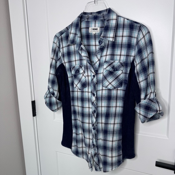 Ci Sono Plaid Collection Women Shirt Roll Up Sleeves Button Down Stretch Size M - Picture 5 of 10